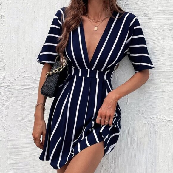 Navy Blue Casual Women's Striped Plunging Neck Fold Pleated Detail Dress - Picture 1 of 5